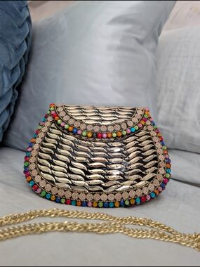 NWT RAMLA Handmade Embellished Metallic Gold Multi Gem Clutch Crossbody